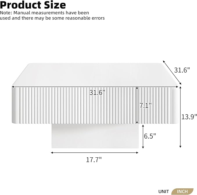 31.6 Inch Square Drum Coffee Table, Modern Handcraft Fluted Drum Coffee Table, Wooden Square Center Table Cocktail Table with Stable Pedestal for Living Room Apartment (White)