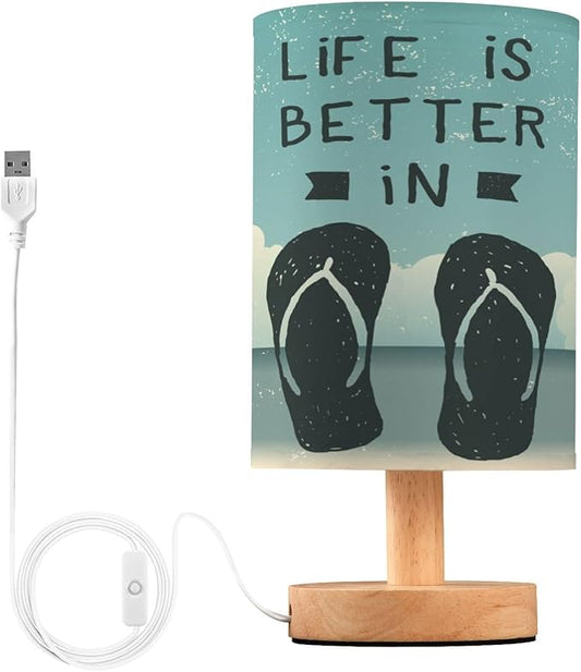 Flip Flop Summer Tropical Ocean Beach Nightstand Desk Lamp with Wood Base Fabric Shade for Living Room Bedroom Kids Room Office
