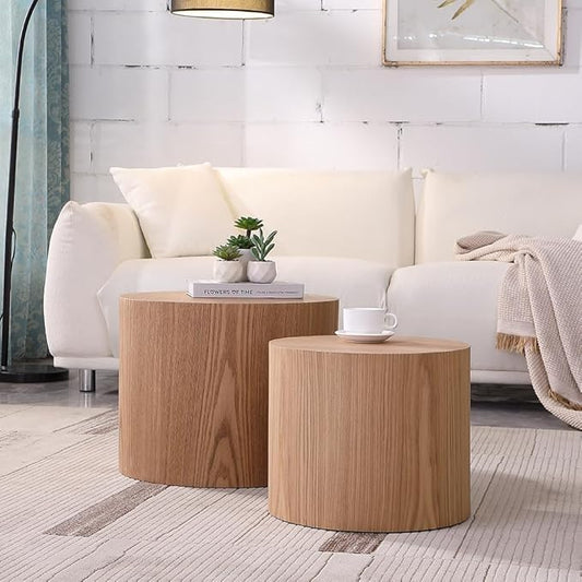 KEVINSPACE Coffee Table Nesting Tables Set of 2, Small Modern Round Coffee Table with Non-Slip Feet, Wooden Circle Accent Tables for Small Spaces Living Room Bedroom Balcony Drum Side Table Oak