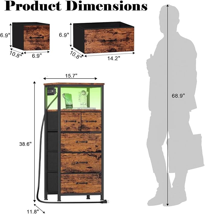 Furnulem Dresser for Bedroom, Tall Nightstand, Vertical Chest with Wood Top, Charging Station, LED Lights, 5 Fabric Bins, Bedside Table with Shelf, Furniture for Entryway (5 Drawer, Rustic Brown)