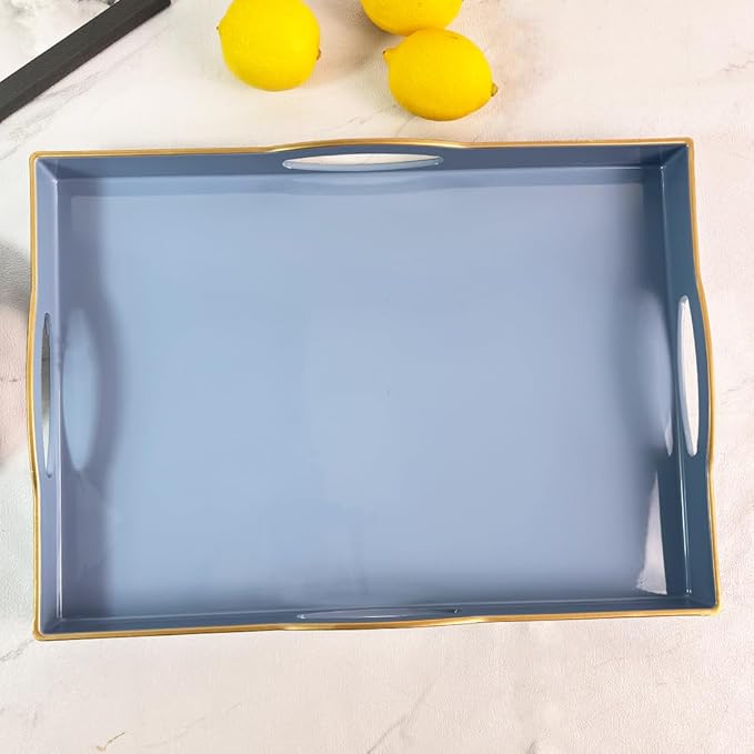 Blue Serving Tray with 4 Handles, Plastic Decorative Tray for Coffee Table, Ottoman - Ideal for Living Room & Bathroom. 15” x 11” x 1.9”