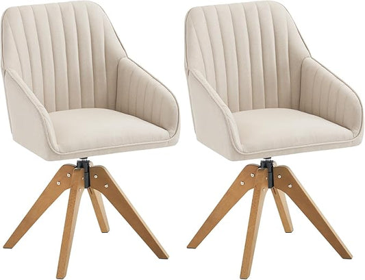 Furniliving Mid Century Modern Swivel Accent Chair for Living Room Set of 2, Wood Desk Chair with Arms Mid Back Arm Chairs Upholstered Vanity Chair No Wheels for Home Office/Bedroom, Faux Linen Beige