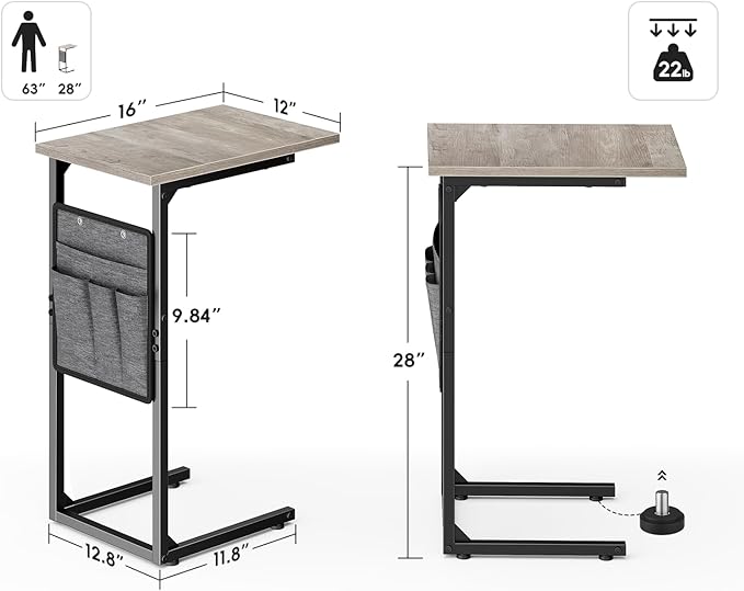 Vagusicc C Shaped End Table, Small Side Table for Couch, Couch Side Table C Table for Small Space, TV Tray Slide Under Sofa Snack Table with Metal Frame for Living Room, Bedroom, Bedside, Grey