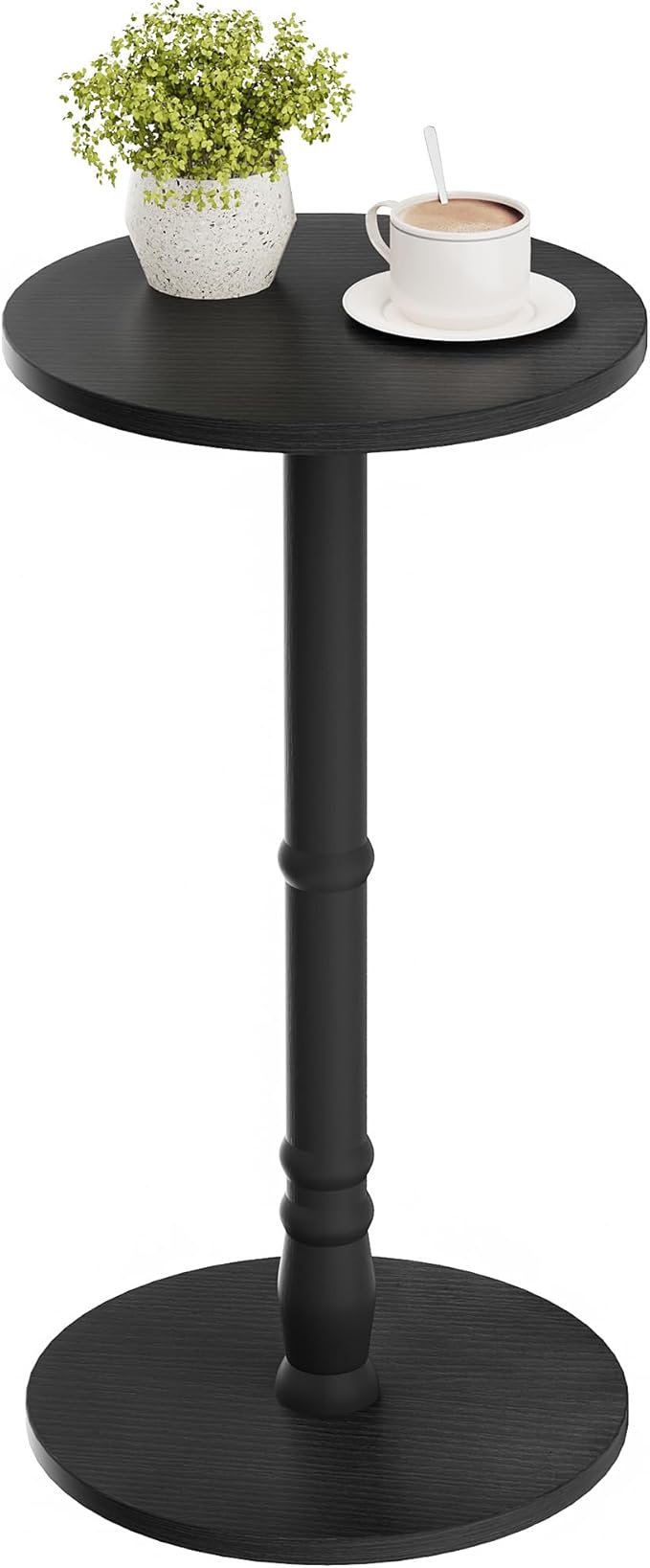 Round Side Table, Solid Wood Pillar with Wood Top & Base, Small Drink Accent Table for Living Room, Bedroom, Sofa & Office, Easy Assembly, Black