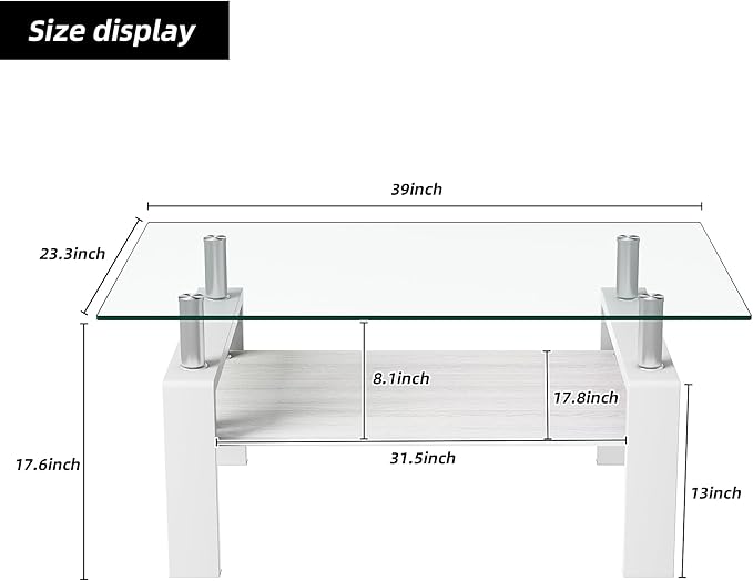 Modern 2-Tier Coffee Table with Tempered Glass Top, MDF Shelf & Metal Legs, Rectangular Living Room Center Table, Sturdy & Stylish Table for Small Spaces, Lounge or Office