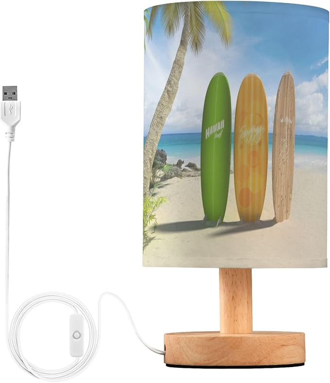 Table Lamp Surfboard Palm Tree Tropical Ocean Beach Nightstand Lamp with Wood Base Fabric Lamp Shade Bedside Desk Lamp for Living Room Bedroom Kids Room Office
