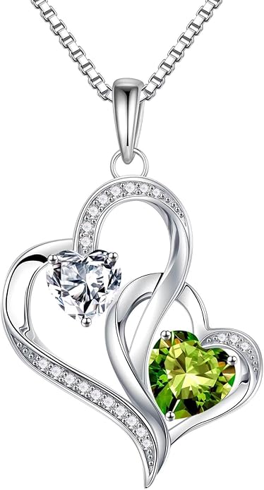 Iefil Christmas Gifts for Women - Double Heart Birthstone Necklace, 925 Sterling Silver Heart Pendant Necklace, Anniversary Birthday Gifts for Women | Personalized Jewelry Gift for Wife Mom Girlfriend