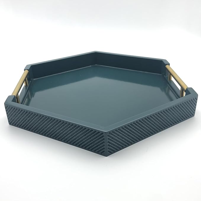 Serving Tray with Polished Metal Handles, Hexagon Coffee Table Tray, Modern Rectangle Decorative Tray, Large Ottoman Tray, Perfect for Storage and Display (Teal Hexagon)