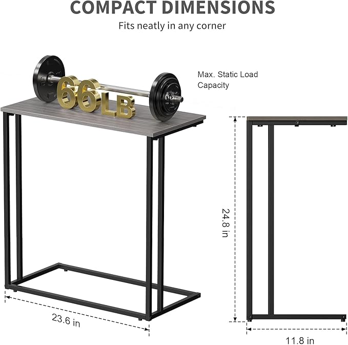 C-Shaped Side Table, Modern End Table with Metal Frame, Space Saving Design for Living Room，Large Surface Couch Table for Bedroom, and Home Office，24 x 12 x 24 inches (Grey)
