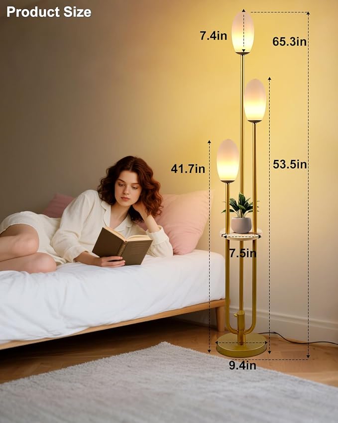Lightdot Gold Dimmable Floor Lamp with Table, 63IN Mid-Century Oval Floor Lamps with 3000K Soft Warm White Bulbs, 3-Lights Candle Holder Style Modern Tall Standing Lamp for Living Room