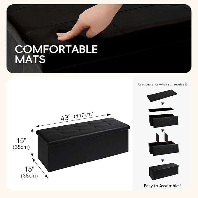 PINPLUS Folding Storage Ottoman Bench, Black Faux Leather Long Chest with Tray, Footrest Seat, Blanket Storage for Living Room Bedroom Office Hallway, 43.3"x15"x15"