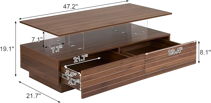 Merax 47.2" Modern Rectangular LED Lights Coffee Table with 2 Drawers, Walnut