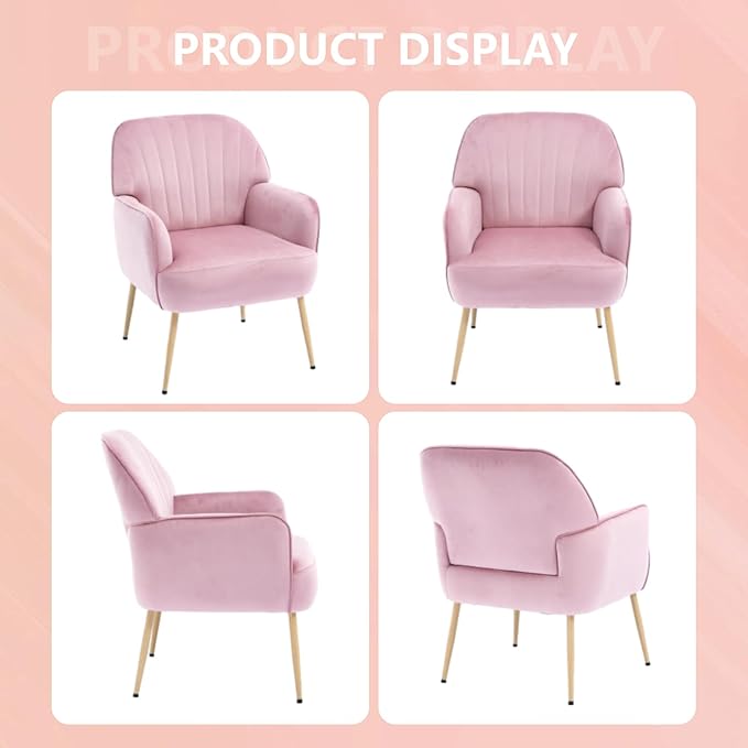 Velvet Accent Chair, Modern Upholstered Single Sofa Side Living Room Chair, Comfy Barrel Reading Armchair with Metal Legs for Bedroom, Waiting Room, Office and Cafe, Pink
