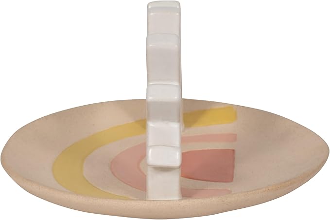 Sagebrook Home Boho Trinket Tray with Ring Holder - Ceramic Stoneware Jewelry Dish - Decorative Organizer for Rings & Accessories - Home, Office, Bedroom & Living Room Decor - 4" Ivory & Tan