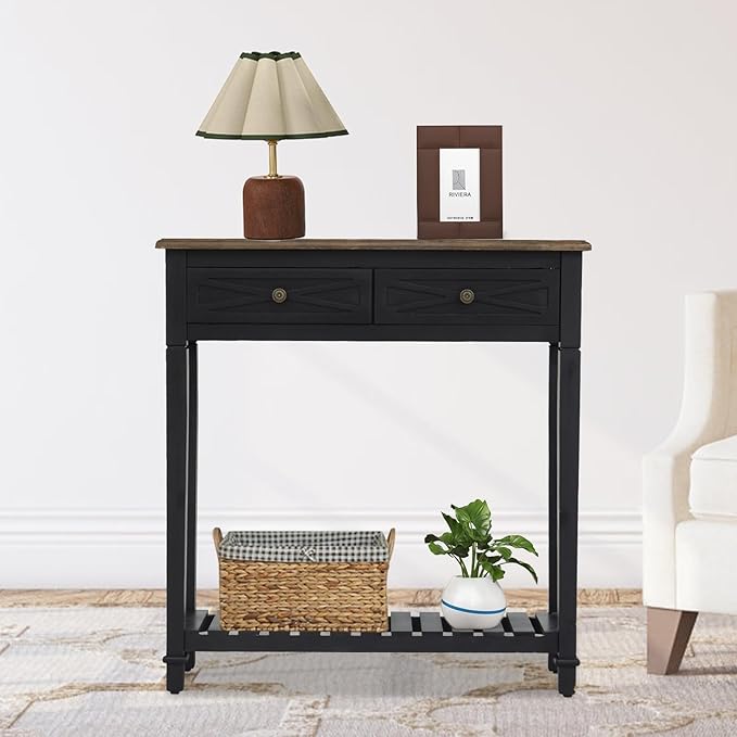 Console Table for Entryway with 2 Drawers, 30 Inch Long Entryway Table w/Open Storage Shelves and Handmade Metal Handle, Narrow Foyer Sofa Table for Living Room, Hallway, Black