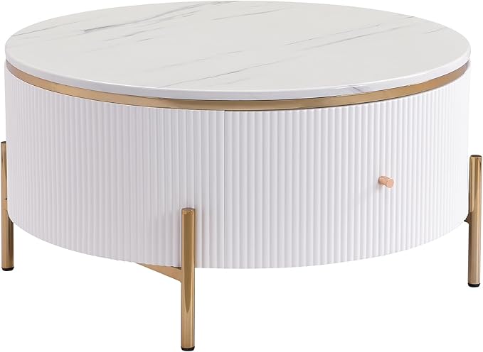 31.5" Round Coffee Table with Storage, Modern Round Coffee Table with 2 Drawers Storage Accent Table Round Black End Table for Living Room,White