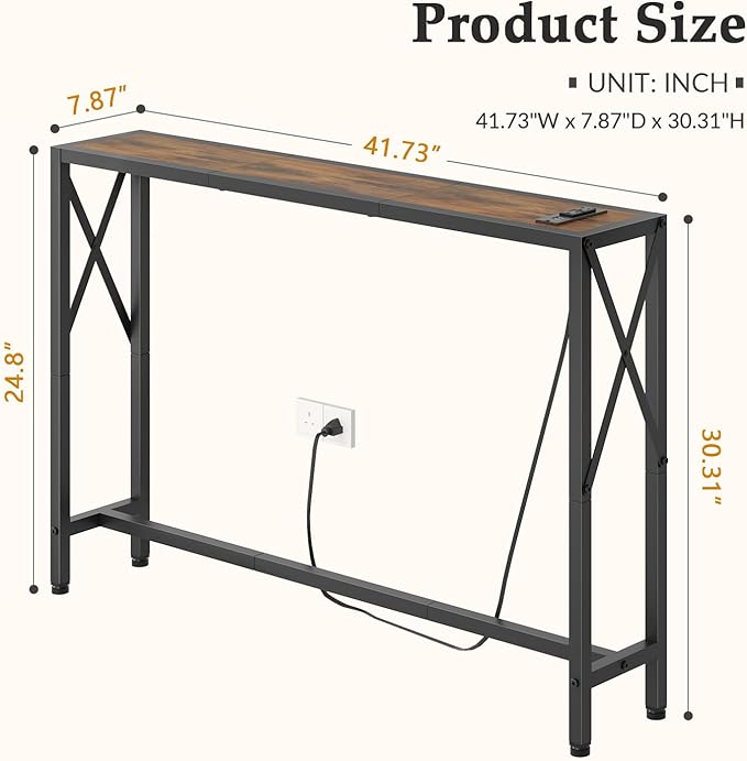 41.8" Console Table, Narrow Behind The Couch Table with Outlet, Industrial Skinny Stand for Hallway, Entryway, Living Room, Bedroom, 6.5 Feet Power Cord,Rustic Brown