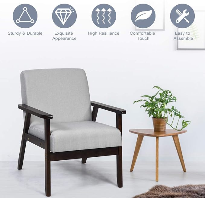 Giantex Mid-Century Modern Accent Chair, Retro Fabric Armchair, Solid Hardwood Made, Upholstered Linen Lounge Arm Chair for Living Room (1, Light Grey)