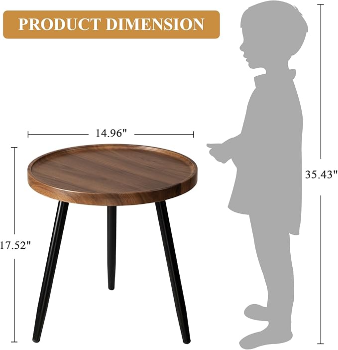 danpinera Round Side Table, Metal Legged Accent Table with Wooden Tray, Small Round End Table for Living Room, Bedroom, Nursery, Brown & Black