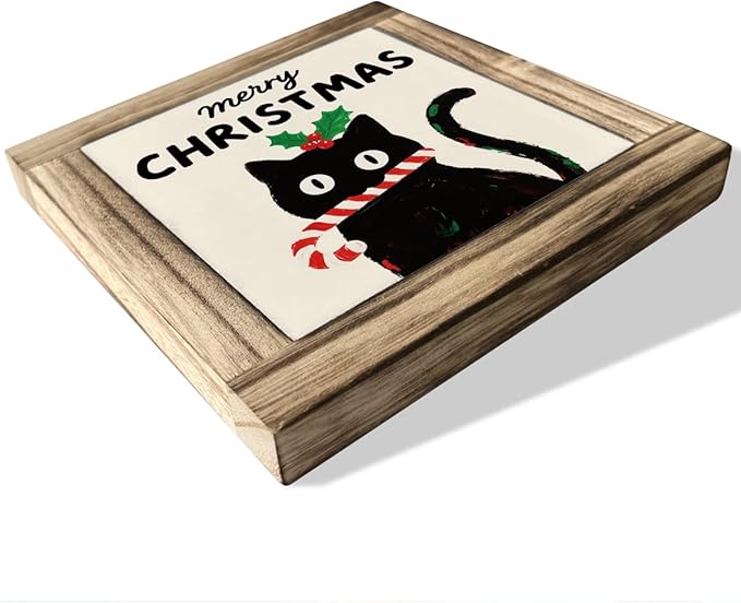 Merry Christmas Wood Sign, Funny Cat Decor, Decorative Sign Table Decor, Farmhouse Home Decors, Shelves Decoration, Desk Decors Art, Merry Christmas Gift for Cat Lover