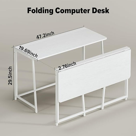 WOHOMO Folding Desk, 47.2" Foldable Computer Desk for Bedroom, Space Saving Computer Table Writing Workstation for Home Office, Easy Assembly, White