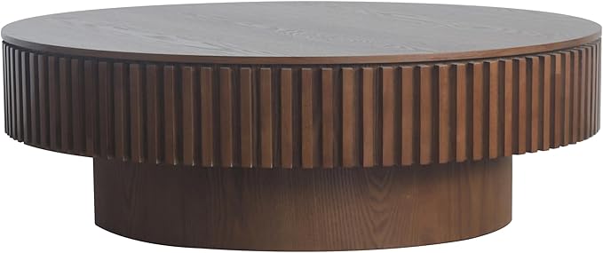 39.37 Inch Round Drum Coffee Table with Storage, Handcraft Fluted Drum Coffee Table, Modern Wooden Round Coffee Table Center Table with Sturdy Pedestal for Living Room Apartment(Walnut)