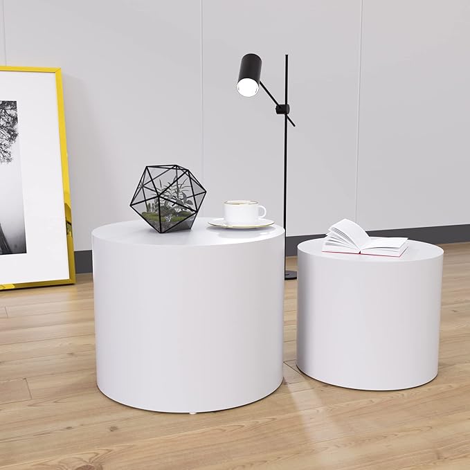 KEVINSPACE Nesting Coffee Table Set of 2, Modern Circle Accent Coffee Tables for Small Spaces, White End Table Wooden Side Table for Living Room, Bedroom, Balcony, Office