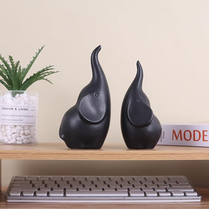 Ceramic Elephant Figurines with Trunk Up, Pair Couples Loving Elephant Statue, Small Figurines Sculpture African Home Decor, Valentine Elephants Gifts for Women, Wedding Knick Knacks（Black）