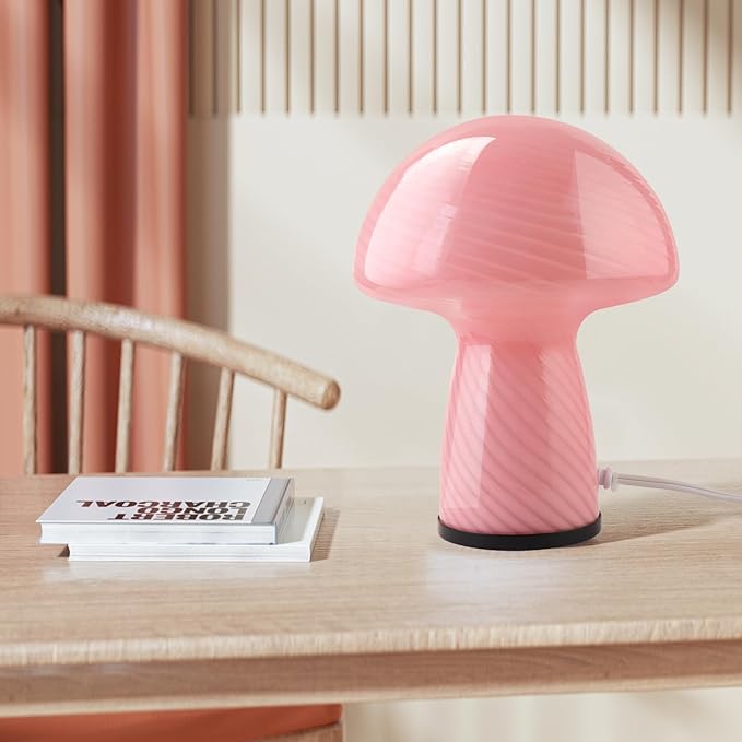 Dimmable Mushroom lamp,Pink Glass Mushroom Bedside Table Lamp Translucent Vintage Style Small Nightstand Desklamp for Home Decor, Dining, Living, Bedroom, Gift (Striped Pink)