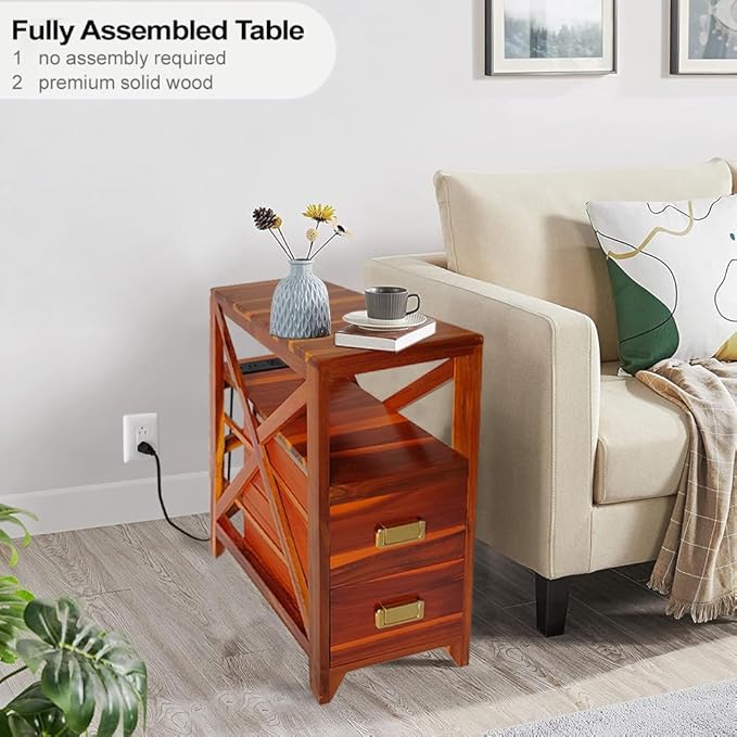 Fully Assembled Narrow Side Table with Charging Station, No Assembly Narrow Nightstand with USB Ports, Pre Assembled Skinny End Table with Outlets for Living Room, Bedroom-Golden Koa