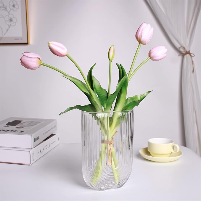 16-inch Premium Real Touch Fake Tulips, Artificial Flowers with Buds, Flexible Stem Easy to Shape, Faux Tulips (Vase not Included), 5-Pack Set of Piggy Pink