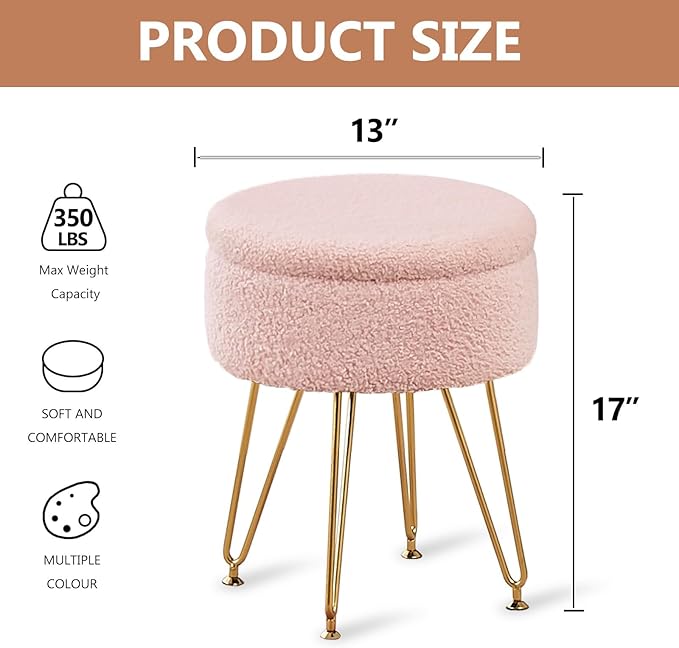 Wimarsbon Storage Ottoman,Teddy Velvet Vanity Stool,Soft Padded Seat,Round Footrest with Removable Cover and Adjustable Legs,Modern Decorative Accent Footstool or End Table for Hallway (Pink)