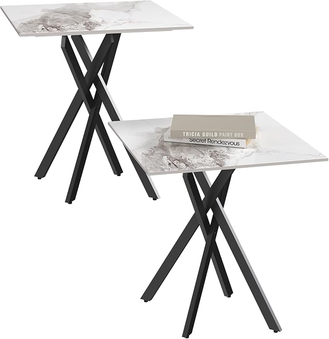 White Marble Side Coffee Table Set of 2 with Metal Legs, Sintered Stone Square Modern Small End Table for Living Room Sofa Table Home Bed Office (2 Pieces, 20"×20"×22")