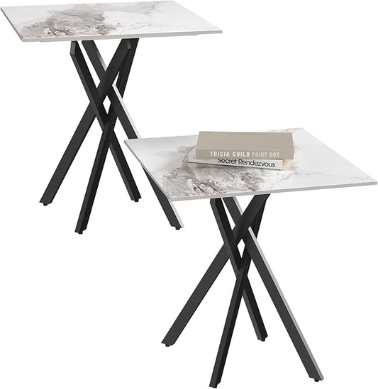 White Marble Side Coffee Table Set of 2 with Metal Legs, Sintered Stone Square Modern Small End Table for Living Room Sofa Table Home Bed Office (2 Pieces, 20"×20"×22")