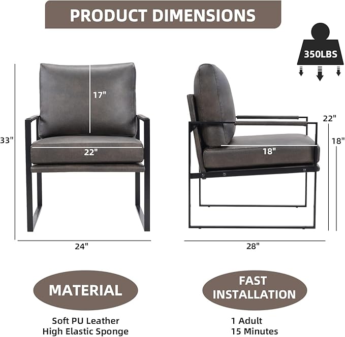 INZOY Mid Century Modern Accent Chair with Removable Cushions, Comfy PU Leather Living Room Chairs with Thicker Backrest and Cushion, Metal Frame Design, Dark Grey