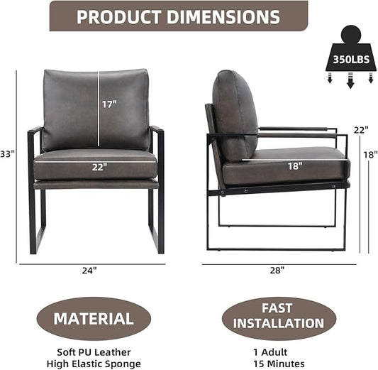 INZOY Mid Century Modern Accent Chair with Removable Cushions, Comfy PU Leather Living Room Chairs with Thicker Backrest and Cushion, Metal Frame Design, Dark Grey