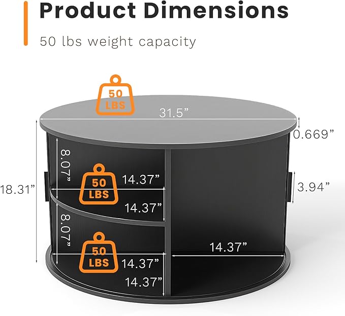 Coffee Table with Storage,31.5" Wood Round Coffee Table Hidden Storage and Open Shelves with 360°Curved Sliding Door,for Living Room Office Apartment,Black