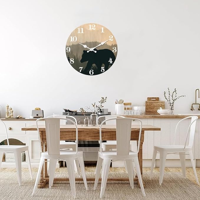 XFM Cabin Bear Wall Clock 16 Inch Silent Wooden Wall Clocks Battery Operated Rustic Forest Wildlife Clock for Lodge Living Room Kitchen Office