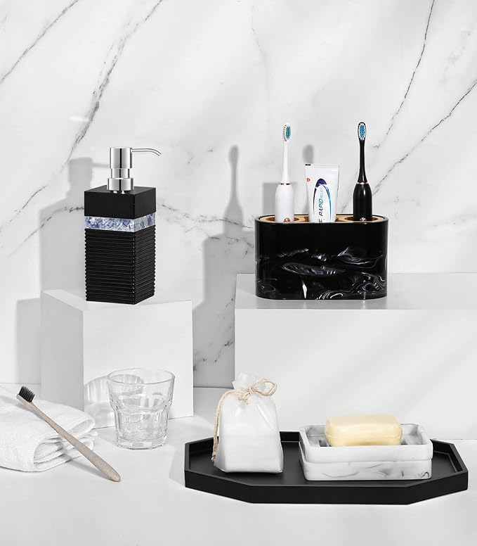 Shinowa Decorative Tray - Resin Bathroom Vanity Tray, Octagon Perfume & Jewelry Ring Dish for Countertop, Bedroom Dresser, Living Room Table, Kitchen Sink - Large, Matte Black