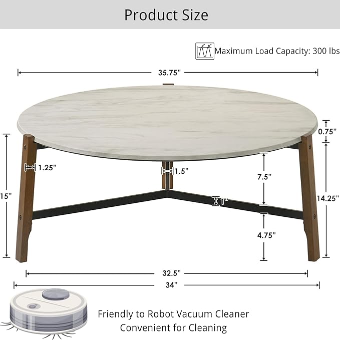 Modern Round Coffee Table, 36’’ Wide Wooden Side Table Mid-Century End Table with Wood Legs Metal Support for Living Room Bedroom, White