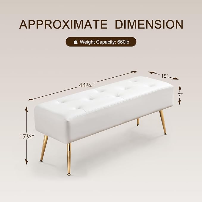 Furnimart Upholstered Tufted White Bench Ottoman with Padded Seat, Footrest Foot Stool with Sturdy Metal Leg, White Leather Bench for Bedroom Living Room Entryway
