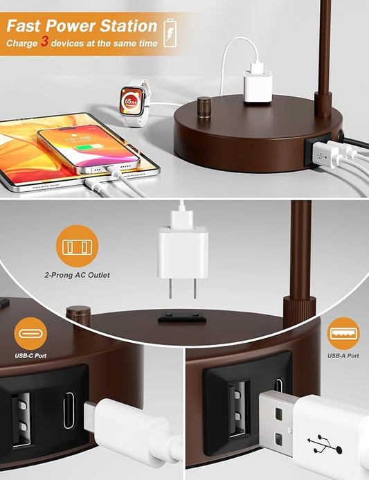 Brown Side Table Lamp with USB Port and Outlet, Dimmable Nightstand Bedside Lamps with Linen Lampshade, Desk Lamp for Bedroom, Living Room, Guest Room, Home Office, LED Bulb Included