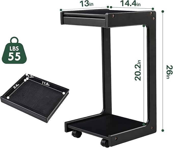 Wood Side Table for Couch - C Shaped Rolling End Table with Wheels, Wooden Modern Small Tv Tray Bedside Tables with Drawer for Sofa Armchair Living Room Bedroom, Black, 13 in x 14.4 in x 26 in