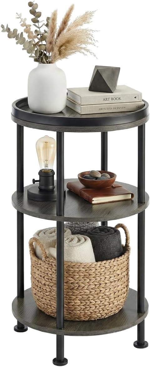 Small Round Side Table, Rustic Grey End Table with Tray Top, 3-Tier Greige Nightstand for Living Room & Bedroom, 11.8" Narrow Corner Table, 21.7" H Industrial Accent Furniture for Small Spaces, Grey