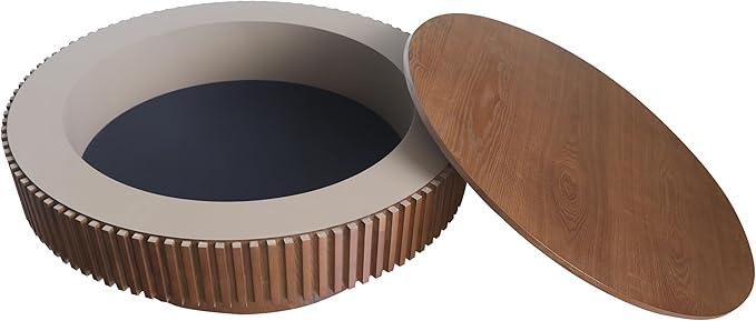 39.37 Inch Round Drum Coffee Table with Storage, Handcraft Fluted Drum Coffee Table, Modern Wooden Round Coffee Table Center Table with Sturdy Pedestal for Living Room Apartment(Walnut)