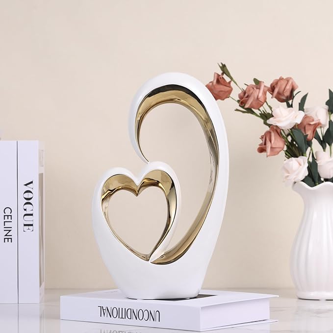 White Gold Ceramic Heart Statues - Abstract Home Sculptures for Bedroom, Wedding, Valentine Decor & Gifts for Women