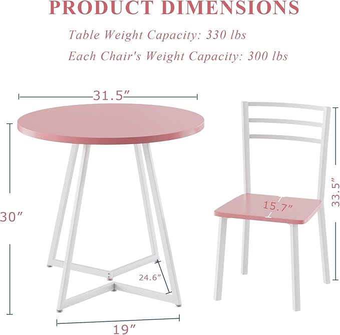 VECELO Small Round Dining Table Set for 2, Wood Tabletop with Strong Metal Frame, Modern Dinette with Chairs for Kitchen, Breakfast Nook Living Room, Pink & White