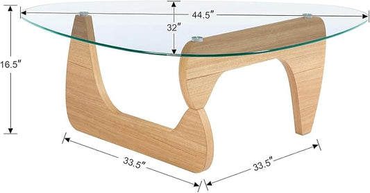 Glass Coffee Table, 44.5" Triangle Center Table with Wood Base Abstract Contemporary Coffee Table for Living Room Office Patio, Natural