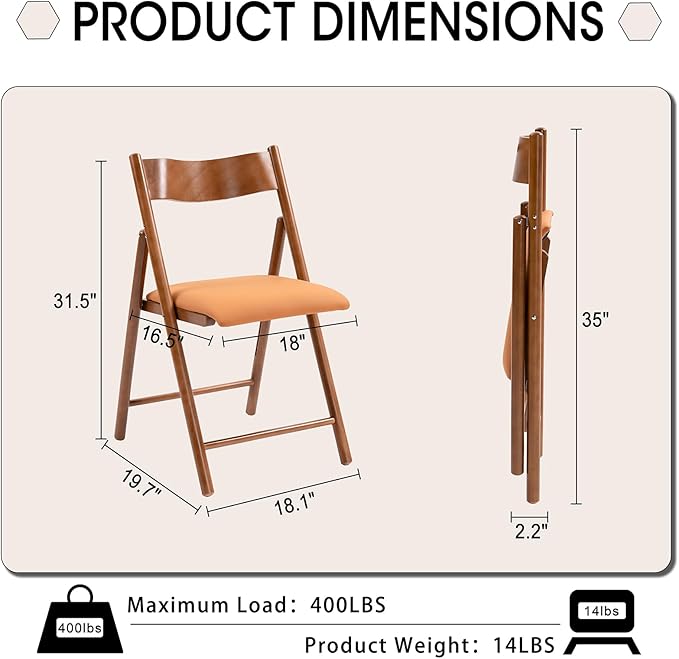 Folding Chairs Set of 2, Wooden Foldable Dining Chairs with Faux Leather Cushion 2-Pack Portable and Stackable Chairs for Dining Kitchen Office Wedding Picnic(Orange,2Pack)