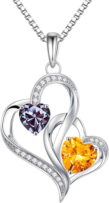 Iefil Christmas Gifts for Women - Double Heart Birthstone Necklace, 925 Sterling Silver Heart Pendant Necklace, Anniversary Birthday Gifts for Women | Personalized Jewelry Gift for Wife Mom Girlfriend